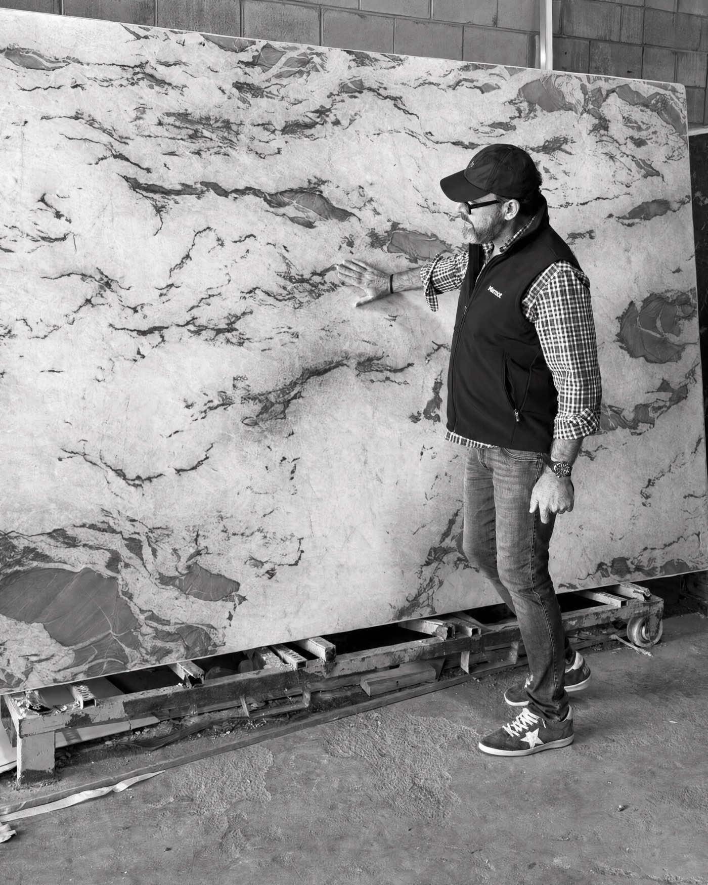 Inspecting stone on site
